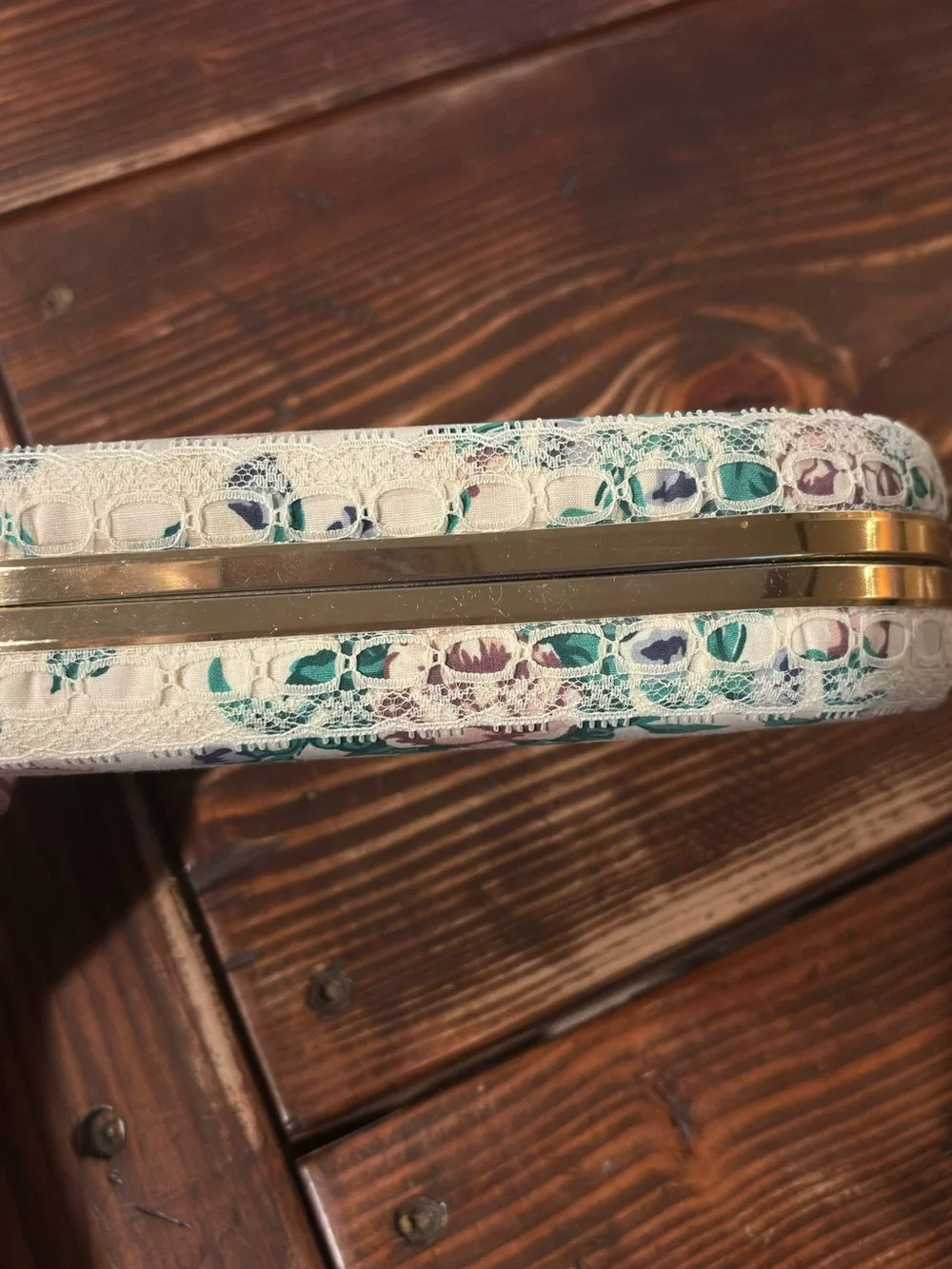 Vintage Floral Fabric withGold & Lace Accent Oval Jewelry Case 8”x4”